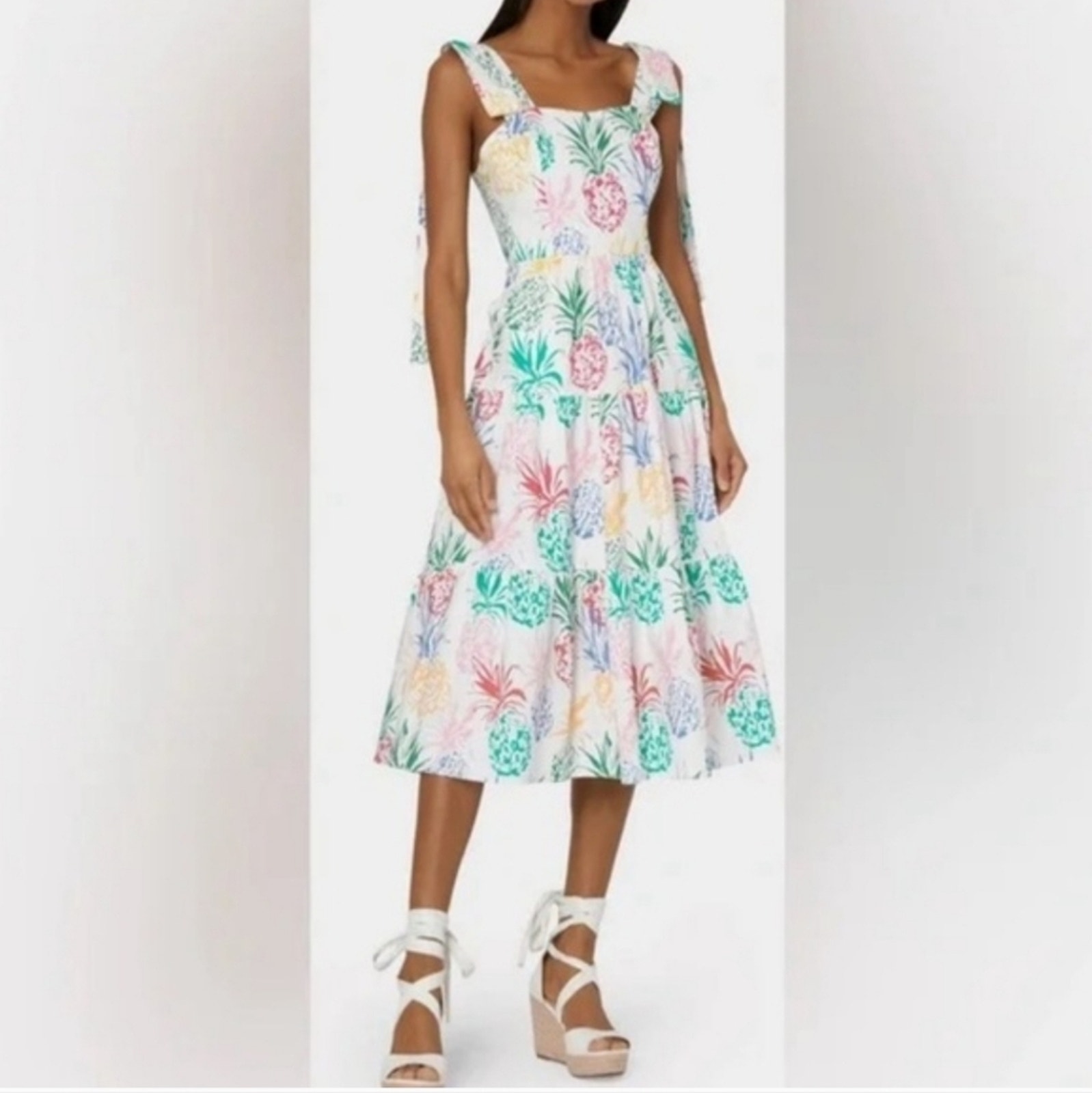 Milly Multicolor Ellery Tropical Pineapple Tiered Midi Dress 8 Medium